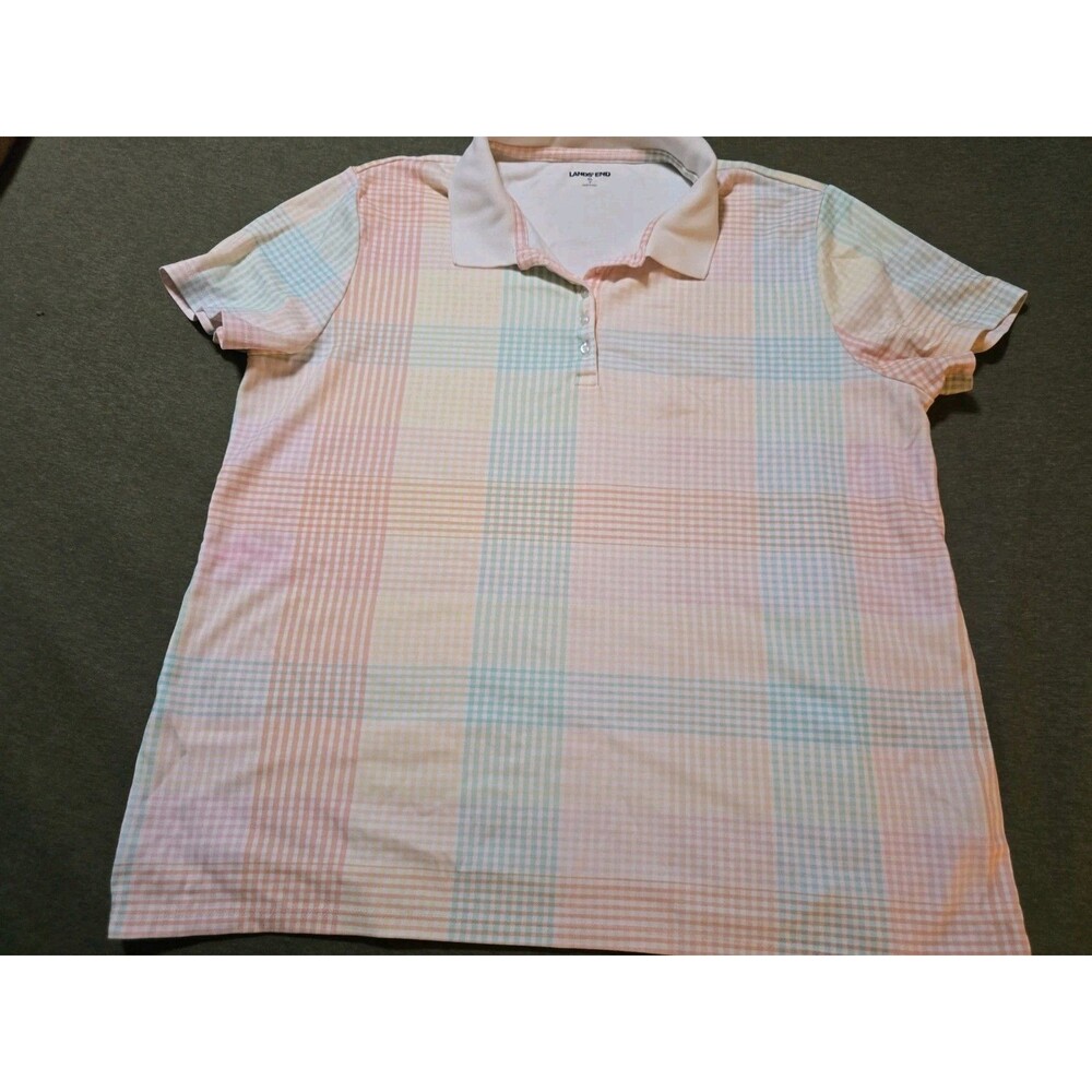 Lands End Polo Shirt Wmns Xl Short Sleeve Pastel Plaid Top Supima Cotton